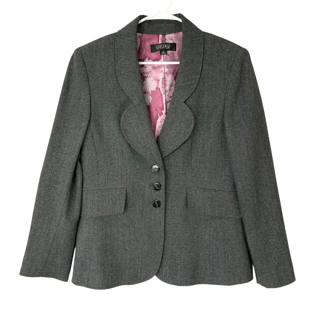Kasper Gray Textured Blazer 12 3-Button Scalloped Lapel Long Sleeve Pink Lining